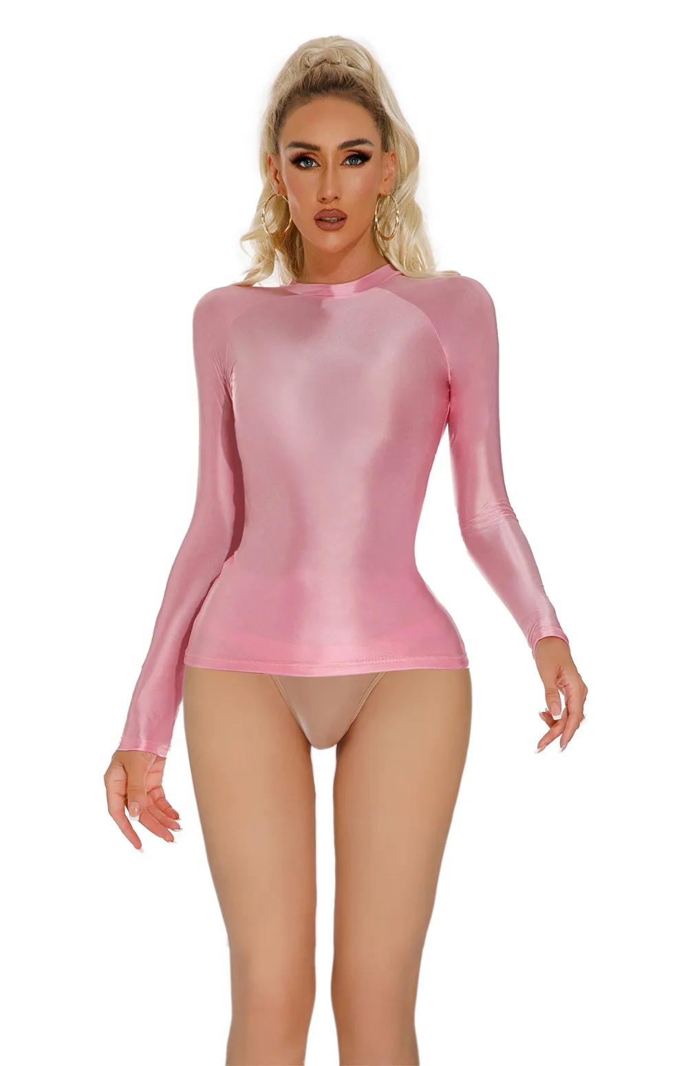 Sexy Women Satin Smooth T-shirt Oil Glossy Shiny Yoga Tights Sheer See Through Elastic Shaping Leotard Tops Candy Color 3