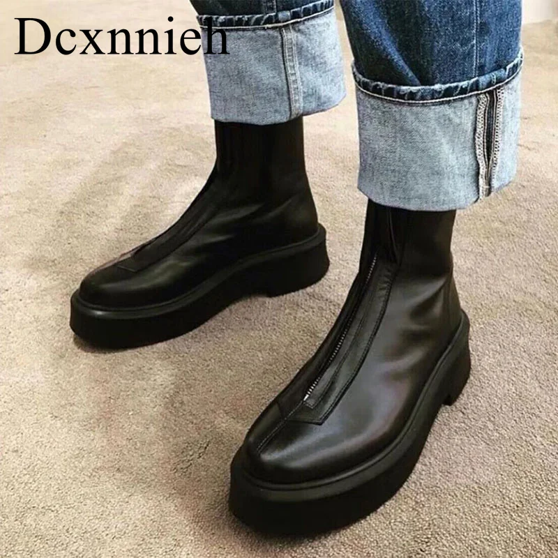 

Женские однотонные Ботильоны на молнии, демисезонные короткие ботинки на толстой подошве, ботинки челси из натуральной кожи на Плоском Каблуке