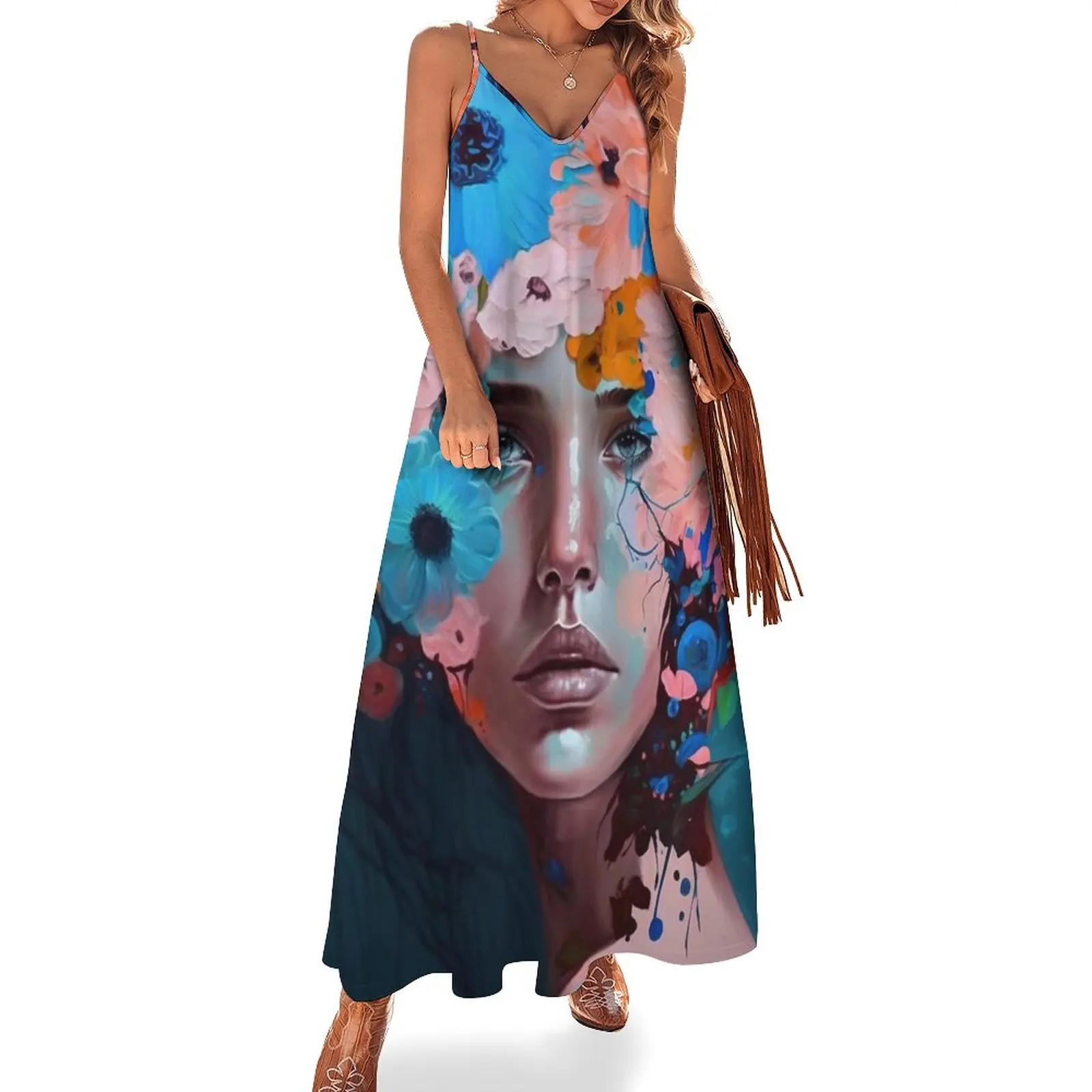 

New Summer Long Vintage Flowers Girl Print Casual Elegant Maxi Strap Camis Dress Vestidos Sexy Women Deach Sundress