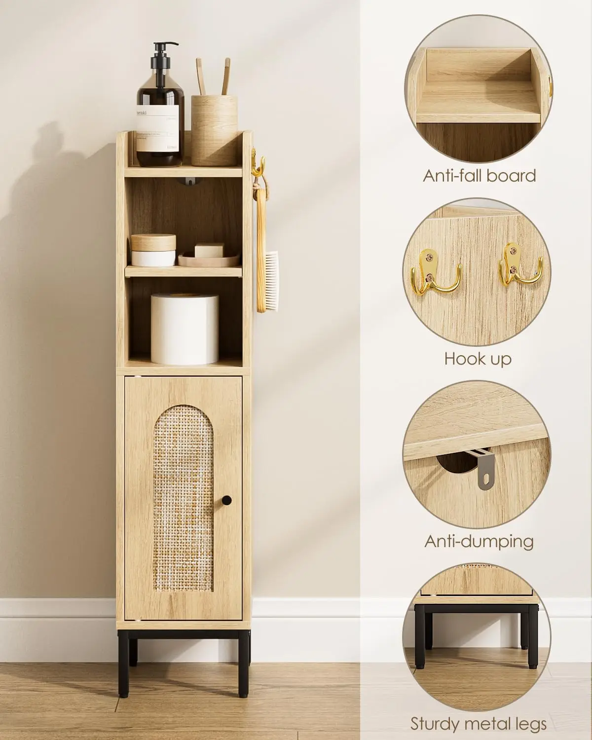 Bathroom Storage Cabinet, Small Corner Floor Hutch with Door and Shelves, Narrow Toilet Paper Cabinet, Bathroom Organizer with