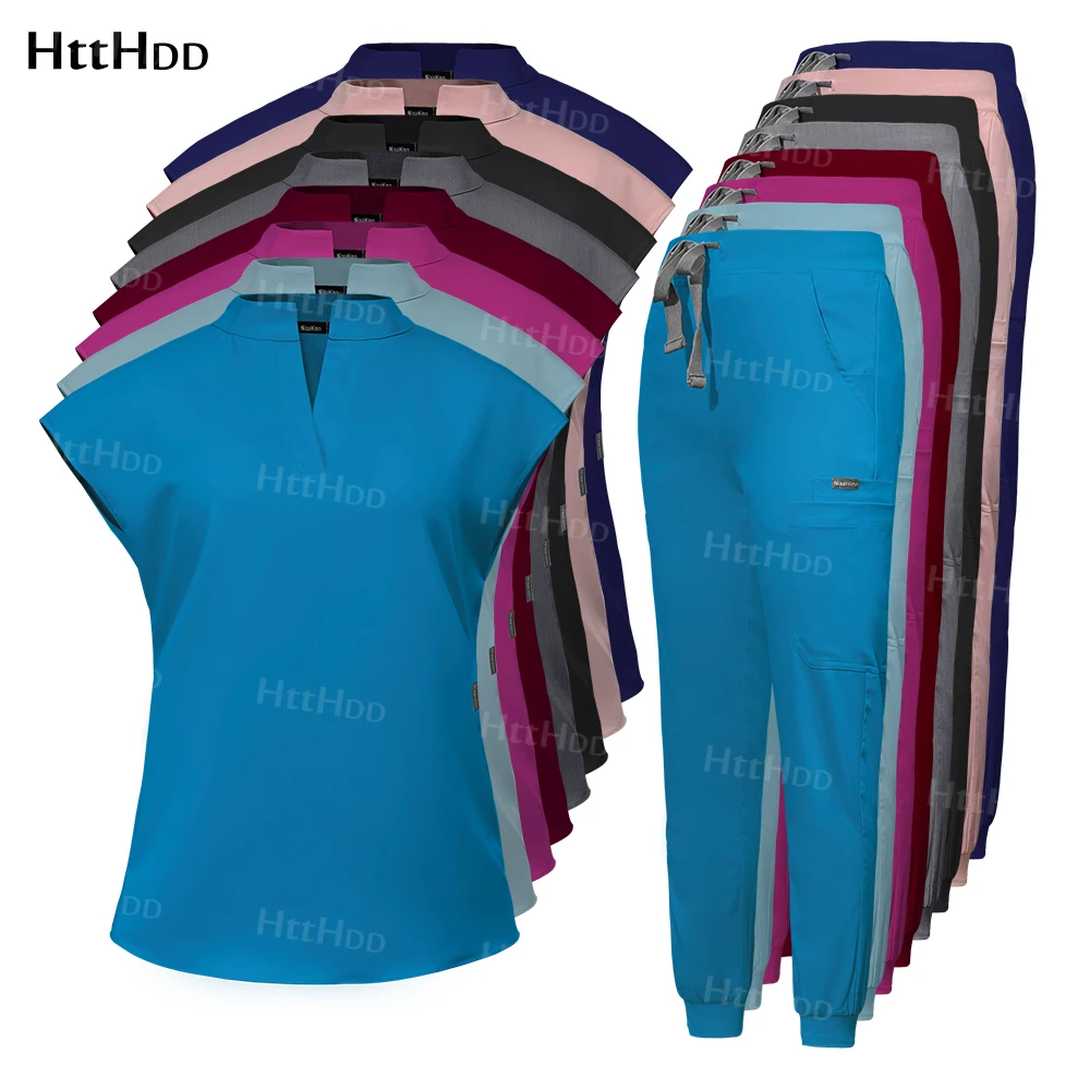 

Clinical Uniform Woman Doctor Nurse Surgical Gown High Quality Work Clothes Breathable Short Sleeved Top+pants Set Medical Scrub