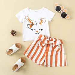 2022 meninas conjuntos de roupas verão manga curta dos desenhos animados coelho impressão camiseta e listra calças crianças ternos