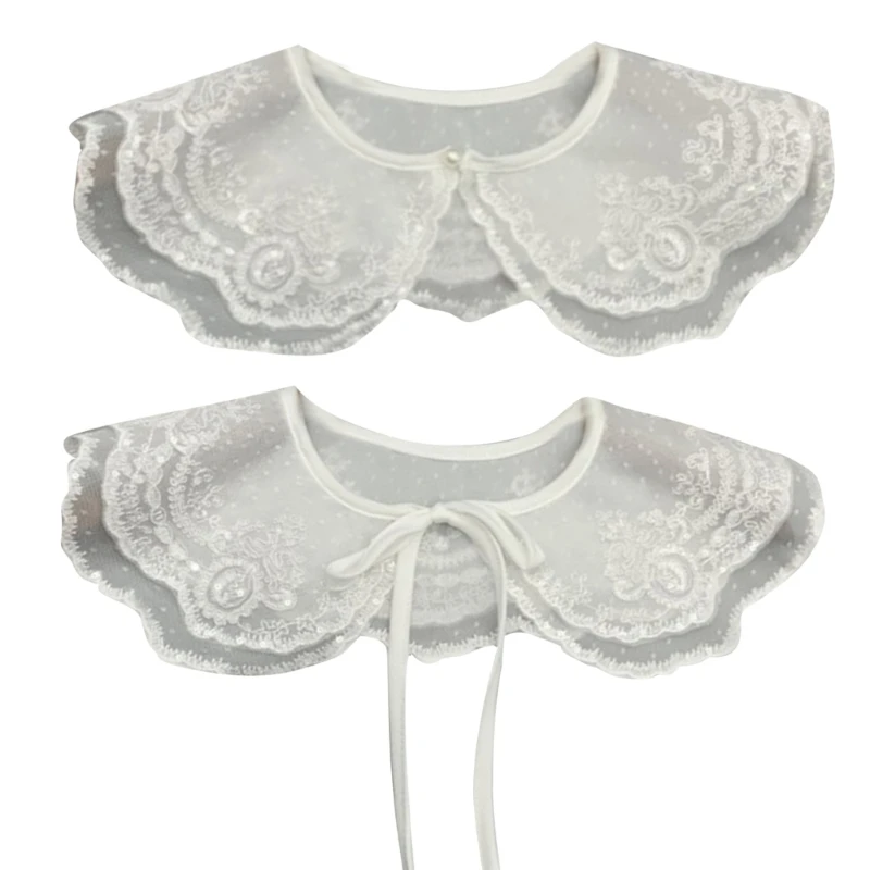 

Q1FA Double Layer Lace Collar White Color Rose Embroidery Flower Embroidered Collar