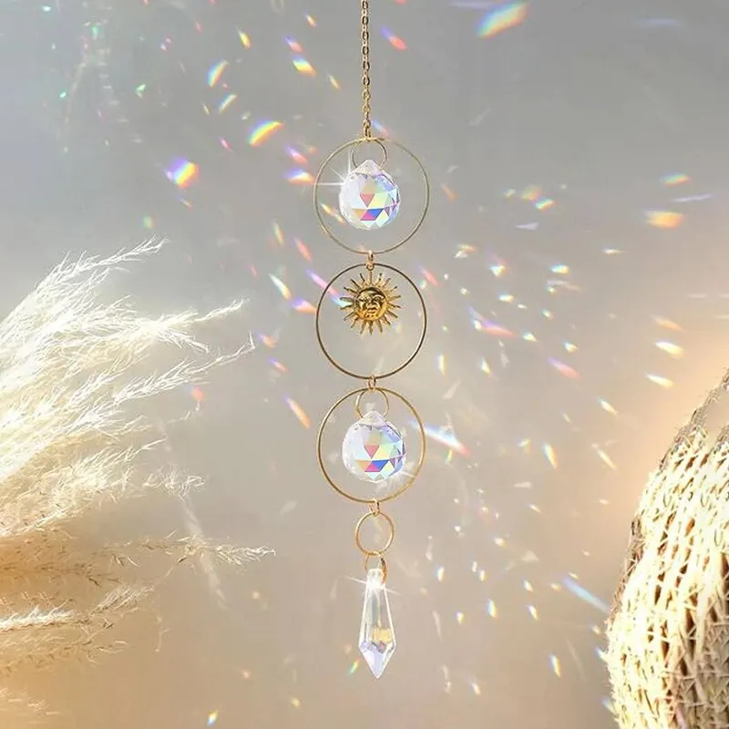 1Pc Golden Sun Crystal Charm Handmade Sunshine Collection Crafts Home Wind Chime Hanging Decoration Outdoor Wedding Party Supplies