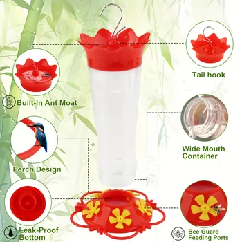 1PC 2024 New Hummingbird Feeders for Outdoors Hanging Ant and Bee Proof,Humming Birds Feeders for Outside, 13.5OZ Red Plastic Fl - Image 5
