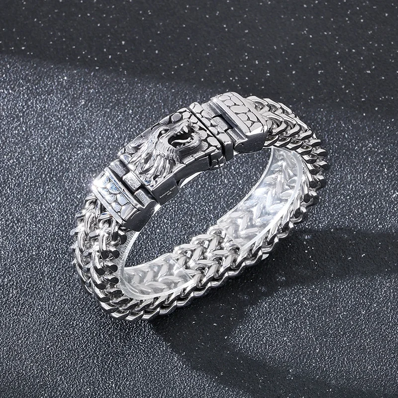 Fongten Herren-Armband aus Edelstahl, dick, zweireihig, gewebte Kette, geschnitztes Drachenkopf-Muster, rechteckige Schnalle, Schmuck, Geschenke – Detail 4
