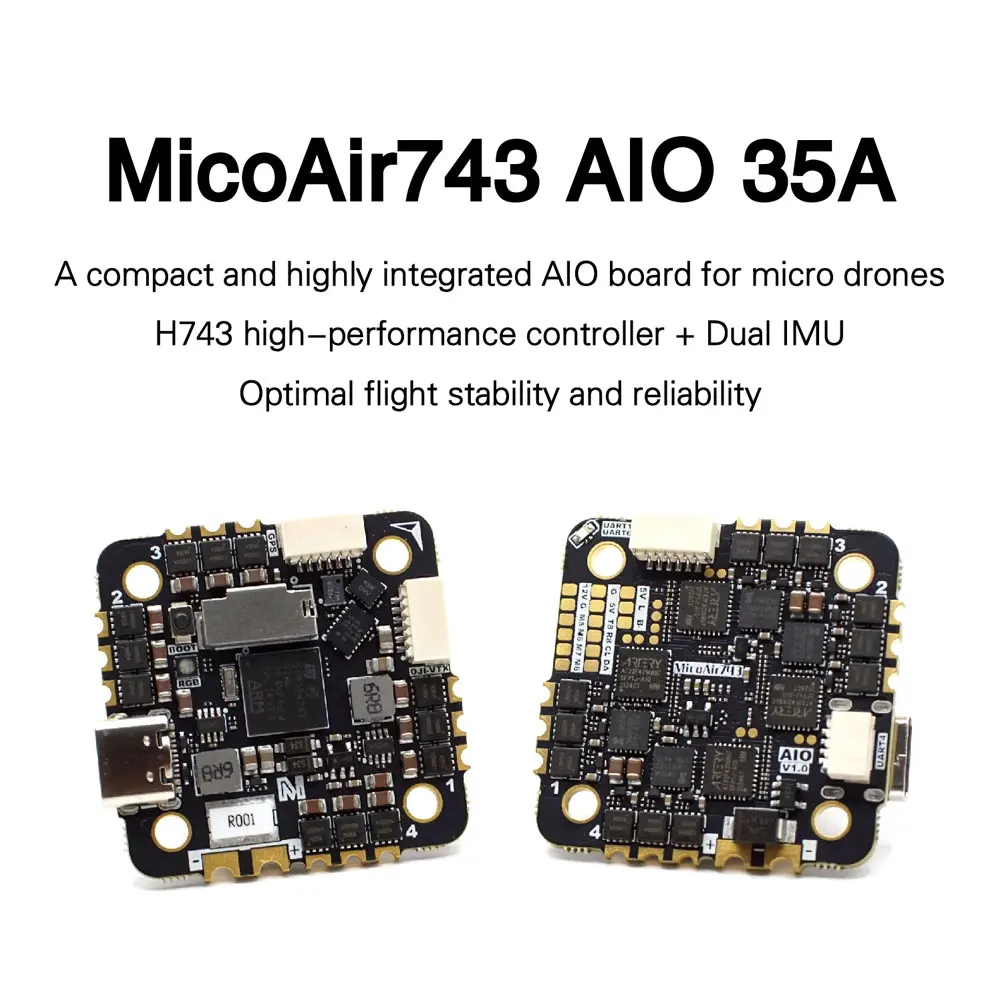 Carte contrôleur MicoAir H743 AIO 35A AM32 avec dissipateur thermique, vue latérale