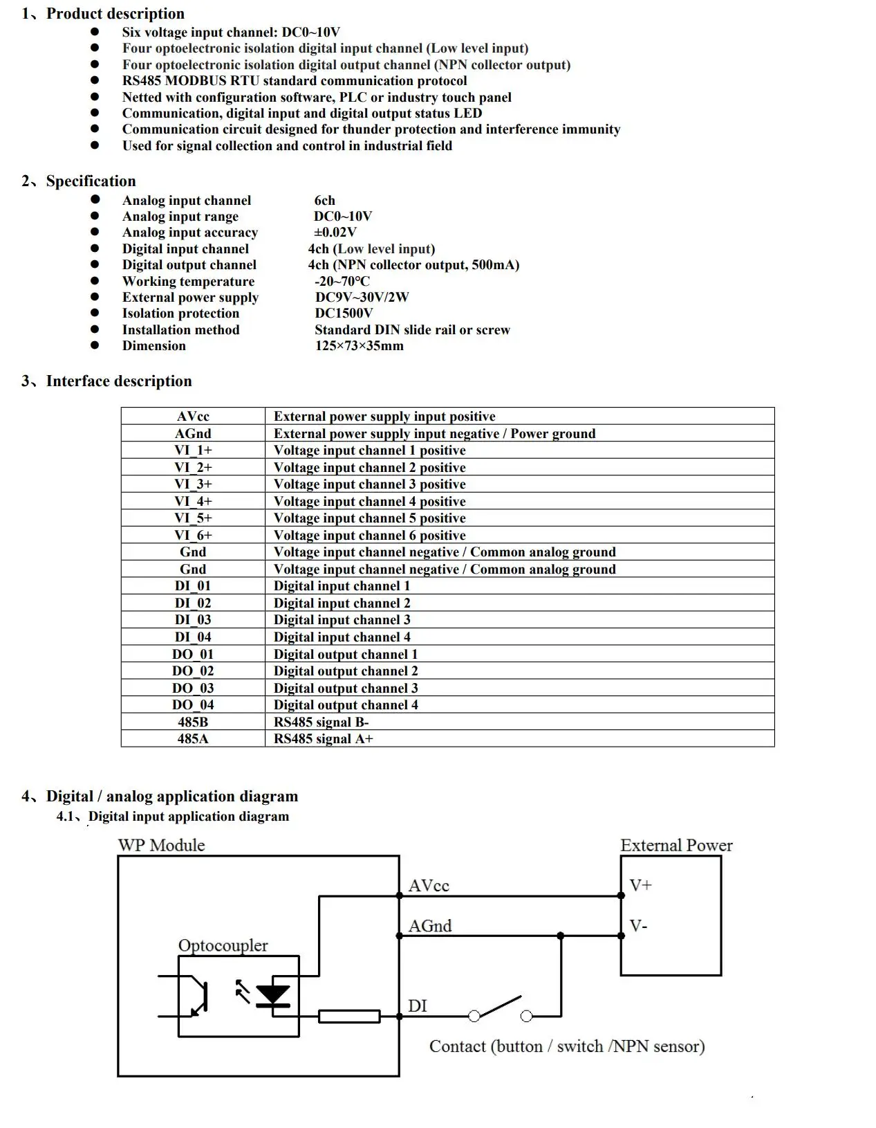 WP9039ADAM 0-10V Voltage Acquisition Module 6VI/4DI/4DO RS485 MODBUS Communicati