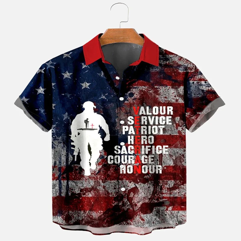 Veterans Day American Flag Soldier Print Hawaiian Shirt 3D Printed Hawaiian Shirt for Men and Women Casual Shirt Unisex