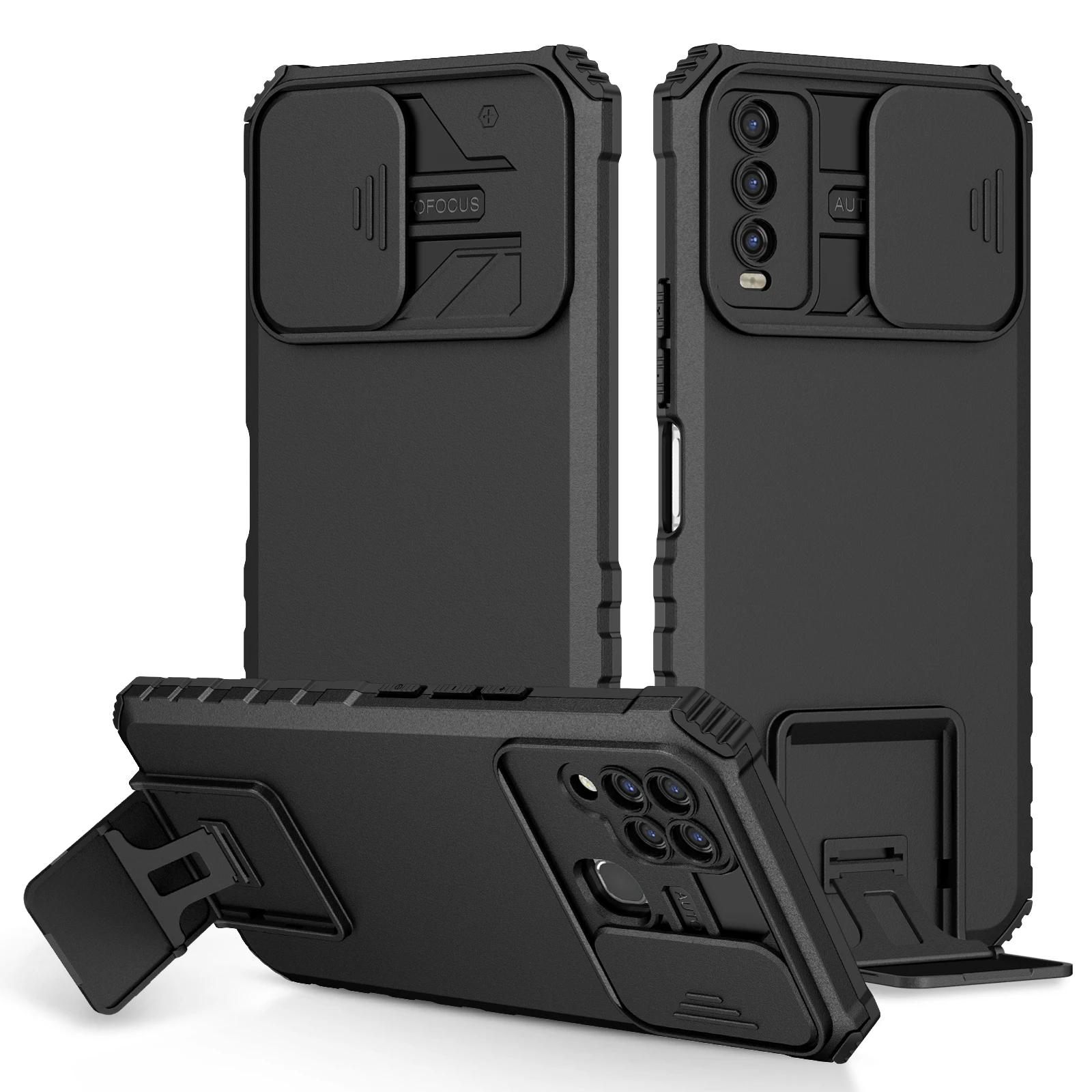 Shockproof Phone Case with Slide Camera Lens Protection and Stand Feature
