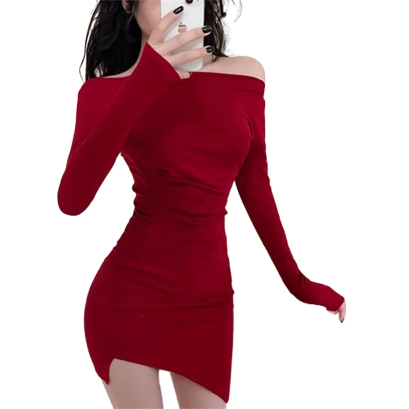 Women y2k Dress Solid Color Off Shoulder Long Sleeve Asymmetrical Hem Bodycon Mini Dress Going Out Club Party Dresses