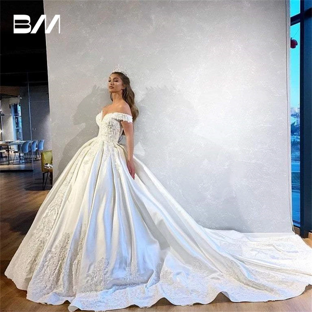 

Elegant Satin Ball Gown Off The Shoulder Wedding Dresses For Women Beads Embroidery Bride Dress Luxury Bridal Gown Custom Made