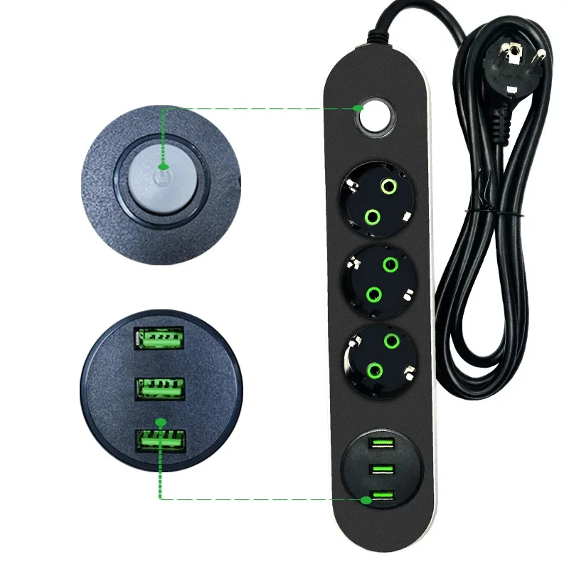 Power Strip 3 Round 3AC USB Travel Adapter Socket Plug EU Extension Cable Kitchen Household Universal Charger