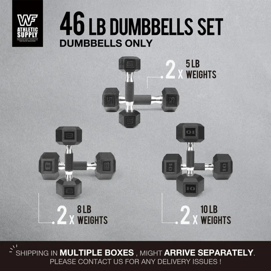 WF Athletic Supply Rubber Encased Hex Dumbbells with Rubber Grip Contoured Handle for Muscle Toning Strength Building Full Body