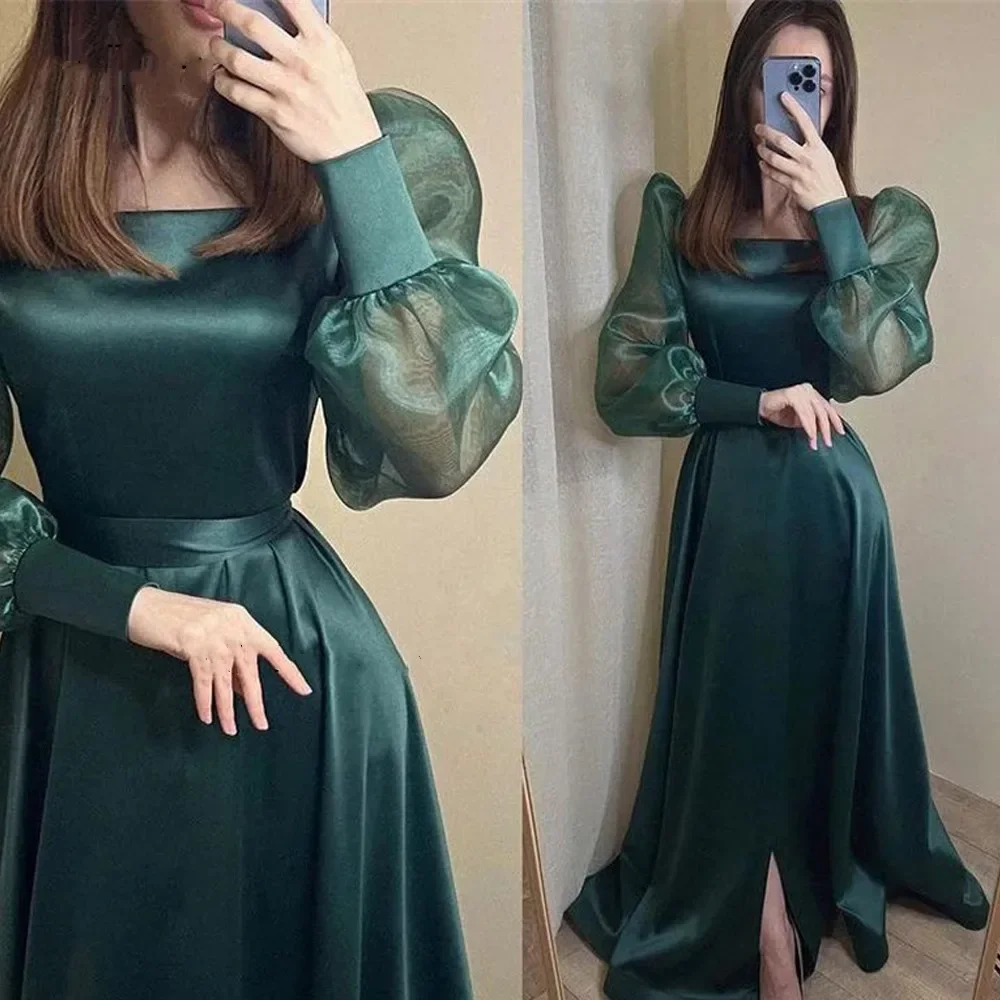 

Simple Dark Green Satin Evening Dresses Organza Puff Long Sleeves Square Neck Floor Length Girls Party Formal Prom Gowns 2024