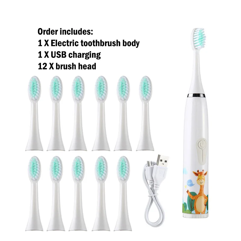 Kids Cartoon Electric Toothbrush with Replacement Head - Waterproof Rechargeable Sonic Technology