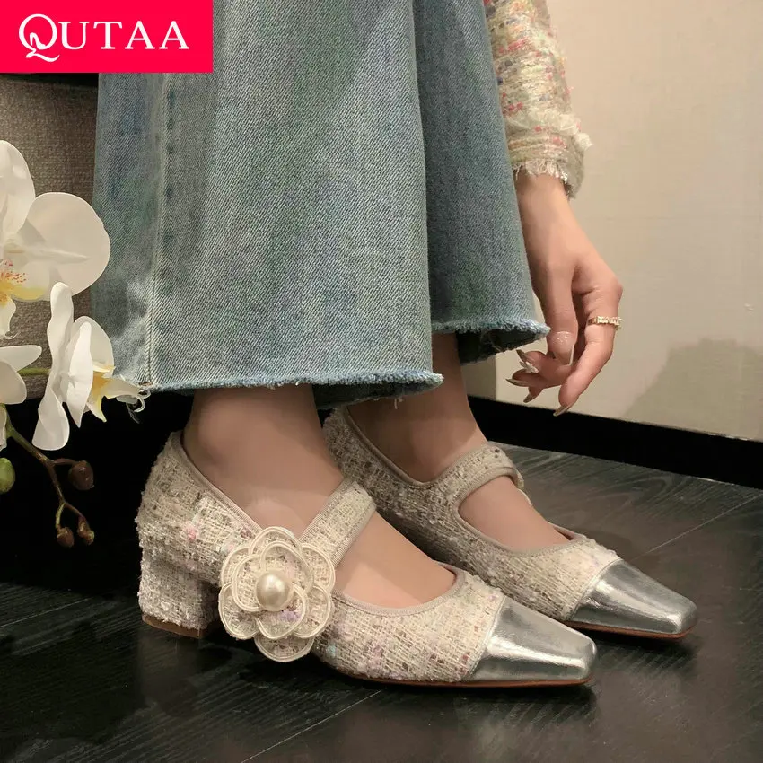 

QUTAA 2023 Flower Summer Women Pumps Square Toe Hook&Loop Thick Med Heels Mary Janes Shoes Woman Office Lady Size 34-39