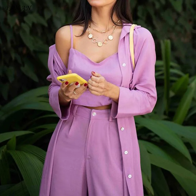 Ladies Fashion Mid-length Shirt Suspenders Straight Leg Wide Pants Three-piece Suit Ladies Commuter Casual Suit  Suit Jacket