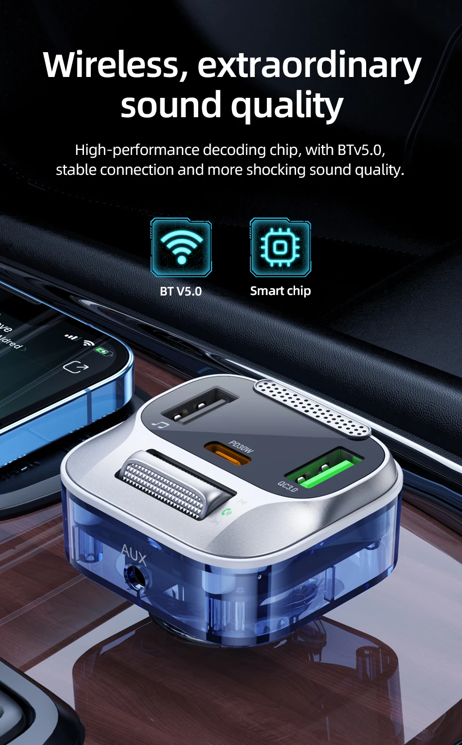 Hoco E75 30W PD USB QC3.0 Car Bluetooth MP3 FM Transmitter Charger description image 5