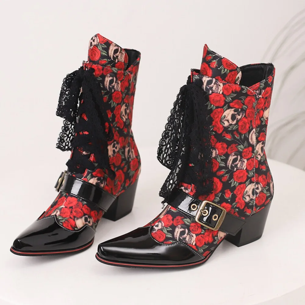 

Womens Ankle Boots Pointed Toe Floral Skull Printed Block High Heel Lace Up Shoes Riding Knight Plus Size Match ColorsNew 2024