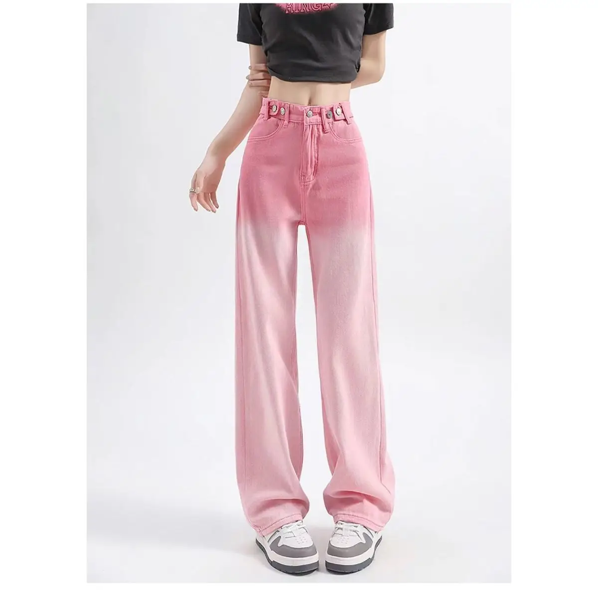 

Versatile trendy pink wide-leg jeans high-waisted 2024 slim and loose new American gradient straight floor-length mopping pants