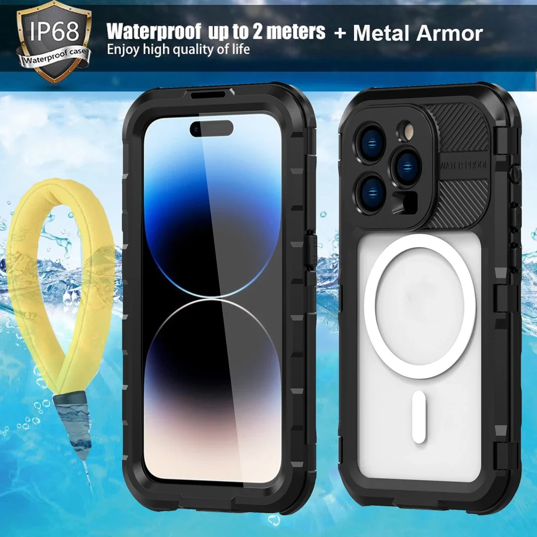 IP68 Waterproof Metal Case For iPhone 14 Pro MAX 13 14 Plus Outdoor Swimming Diving Magnetic Wireless Charging Cover Shockproof