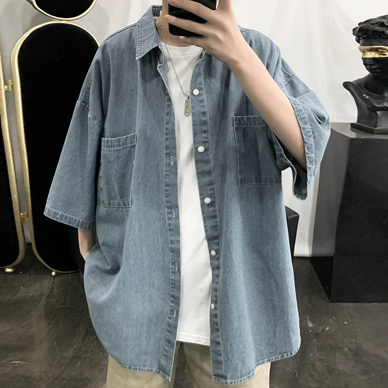 

New Men's Casual Breathable Short Sleeves Cargo Working Outdoor Jeans Shirts Male Loose Korean Handsome Denim Tops Shirt L177