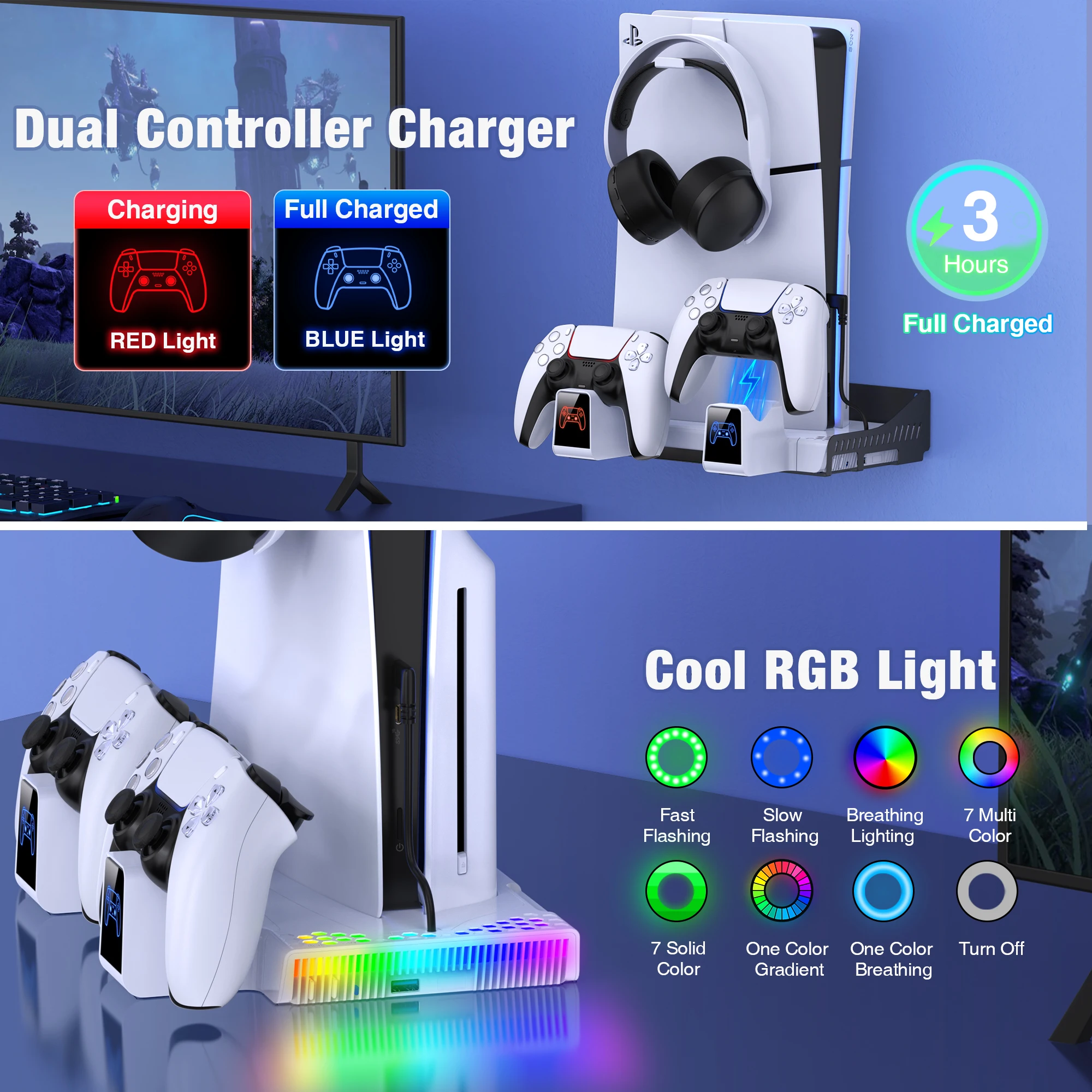 Dinofire RGB chladící depo pro PS5 štíhlý PS5 regulátor nabíječka zeď namontovat chladící báze topologického prostoru pro playstation 5/playstation 5 štíhlý