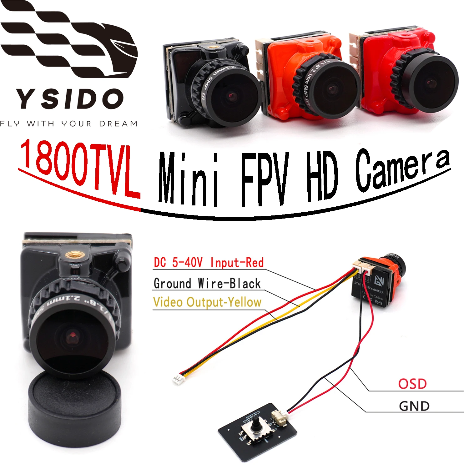 FPV kamera 1800TVL HD 2.1mm, skirta RC lenktynių dronams - 5-40V OSD