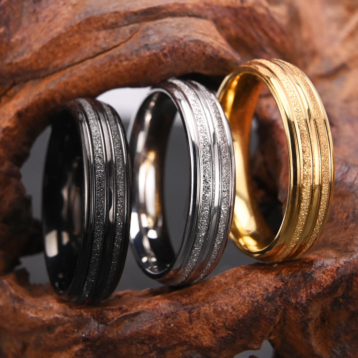 6mm Golden/Black/Silvery Classic Brushed Stainless Steel Ring for Daily Fashion Wear, Comfortable Men's and Women's Rings 5