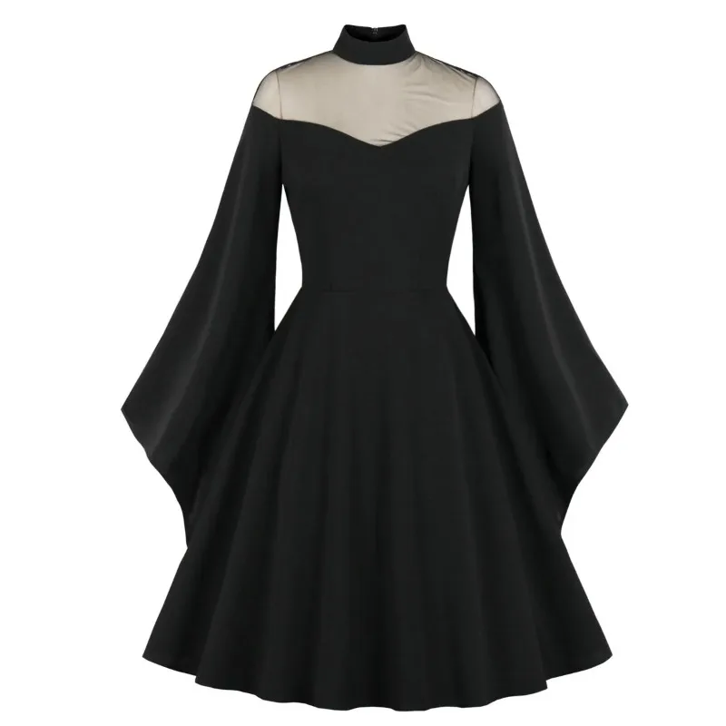 

Women Black Gothic Dress Medieval Retro Queen Princess Party Halloween Evening Robe Flare Sleeve Swing Cosplay Costume Dresses
