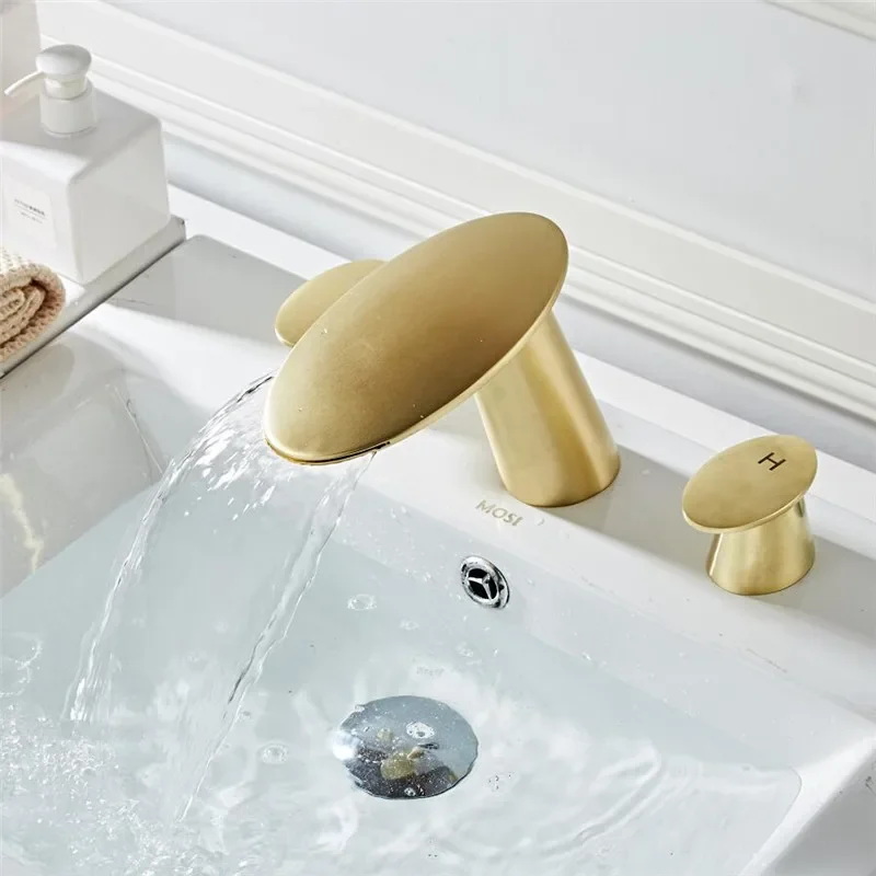 Description Picture 4 of itemBasin Faucet Brushed Gold Bathroom Sink 3 Hole Widespread Rose Gold Basin Mixer Hot And Cold Waterfall Tap New