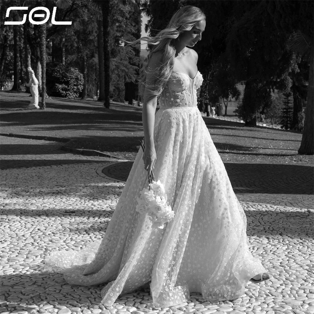 

Sol Gorgeous 3D Lace Appliques Tulle Wedding Dress BOHO Sweetheart Backless A-Line Ball Gowns Sweep Train Vestido De Novia