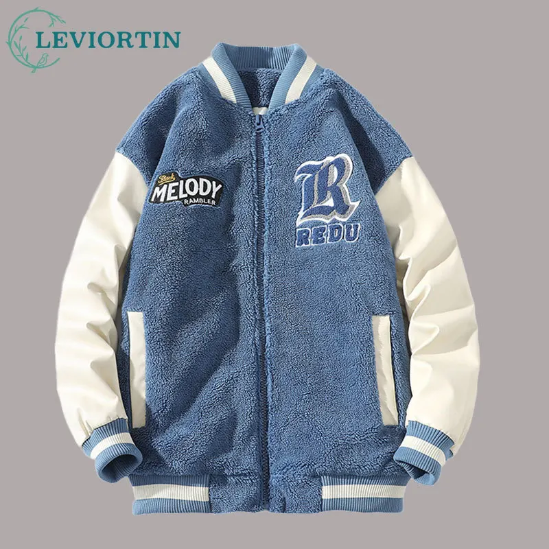 

Hip Hop Men Fleece Fluffy Jacket Streetwear Harajuku Fuzzy Plush Patchwork Zipper Thick Warm Baseball Uniform Jacket Coat Unisex