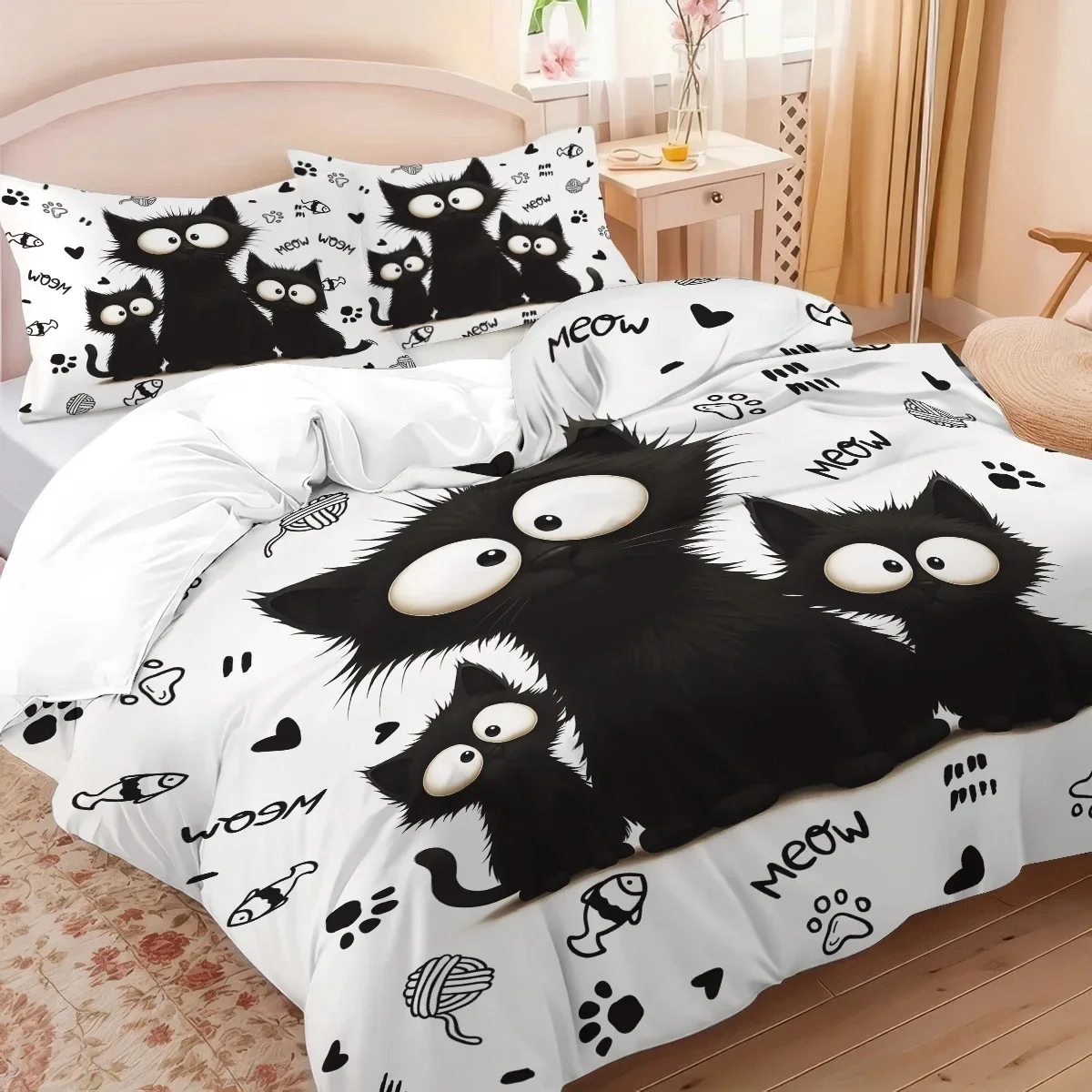 3pc Black Cat Printed Bedding Set with Coreless, Soft and Comfortable Multi Size Machine Washable 1 Duvet Cover+2 Pillowcases