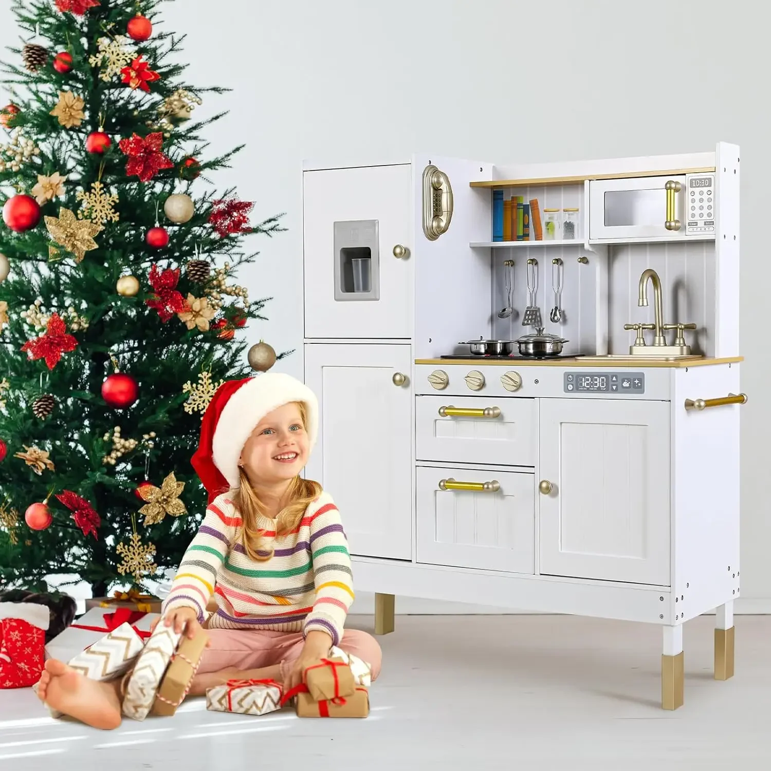 Play Kitchen for Kids, Pretend Preschool Kitchen Sets, Wooden Cooking Playset w/Realistic Light & Sound, Telephone, Stove,Fridge 4