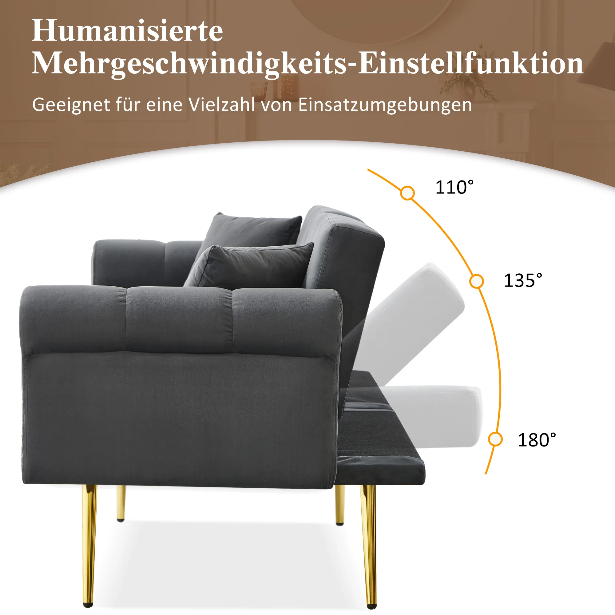 KOMHTOM 2 Sitzer Schlafsofa Mit Samtbezug Rückenlehne 3 Stufiger Verstellung Und Vergoldeten Metallfüßen Sofa Mit Schlaffunktion – Detail 12