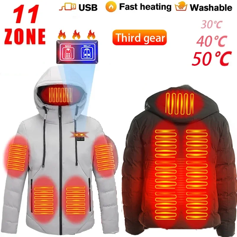 

11 Areas Heated Jacket Electric Heating Vest USB Hooded Mens Warm Jackets Winter Parka Rechargeable Thermal Coat Skiing Outwear