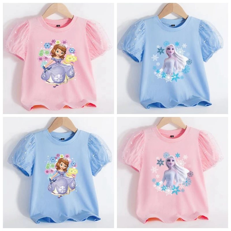 

Kids Girls Summer Short Sleeve Clothes Princess Tshirt Toddler Tops Cartoon Frozen Elsa Tees Tshirts Children Outfit 3-10 Years
