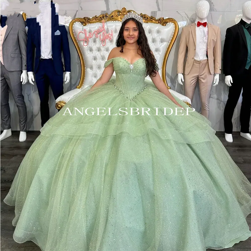 

Angelsbridep блестящее бальное платье с оборками милые 15-летние платья Quinceanera с бантом зеленое вечернее платье для женщин