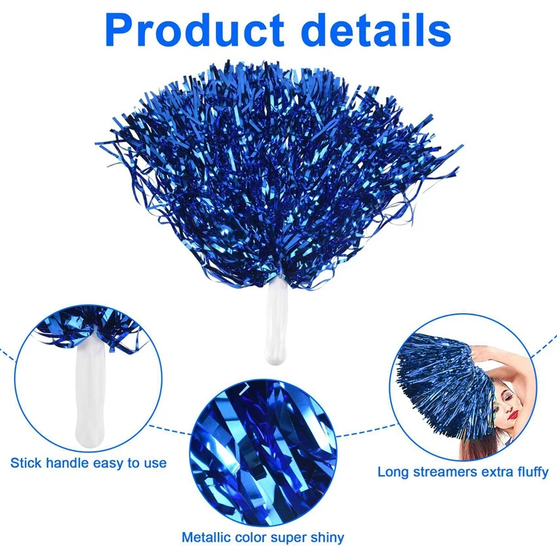 120Pcs Cheerleading Pom Poms Metallic Foil Cheer Pom Poms With Plastic Handle For Adults Kids Cheerleaders Party Blue