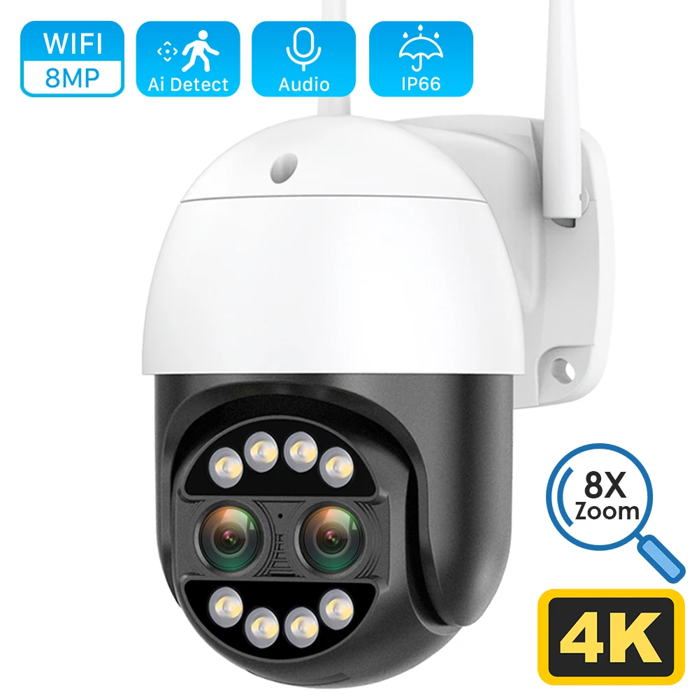 8MP 4K IP Camera WiFi Security CCTV Camera Dual-Lens Color Night Vision 4MP 2K 8X Digital Zoom IP66 Outdoor Surveillance Camera