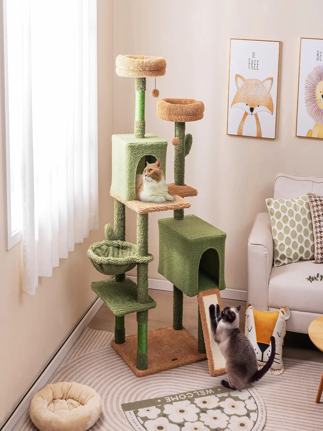Grüner Kaktus kratz baum 152cm mit 2 Sitz stangen, Sisal kratz baum, Rampe, wasch barer Polster aktivität sbaum für Katzen – Detail 1