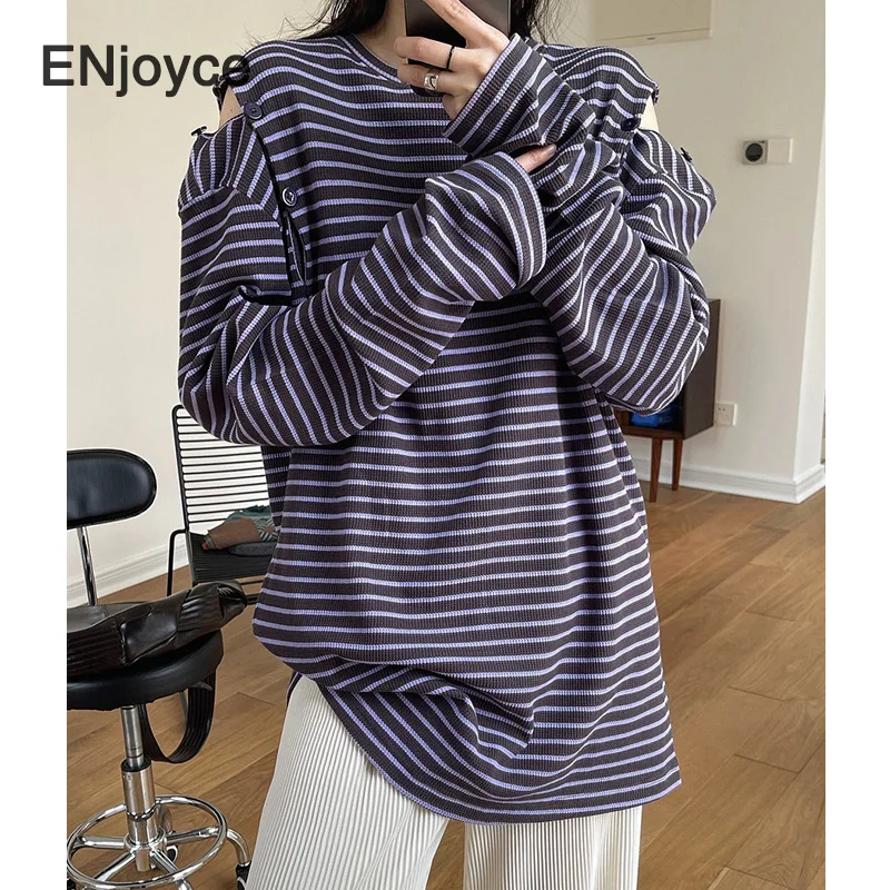 

Spring Women Vintage Striped Off Shoulder Design Knitted T-Shirt Korean Style Long Sleeve Casual Tee Shirt Loose Pullover Tops