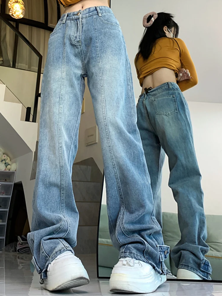 

Woman New Fashion High Waist Baggy Retro Stacked Pants Girls Washed American Spicy Girl High Street Oversized Straight Leg Jeans