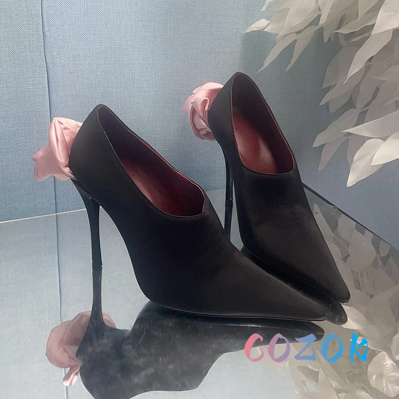 Sexy Black Pointed Toe Flower Decoration High Heels Summer Women's Large Size Dress Shoes Formal Lady Banquet Shoes 3
