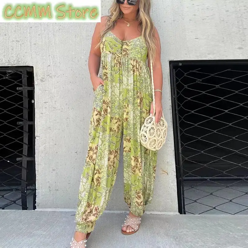 Fashion Casual Holiday Beach Pocket Jumpsuit Women High-Waisted Loose-Print Strap Romper Summer Sleeveless Straight-Leg Overalls