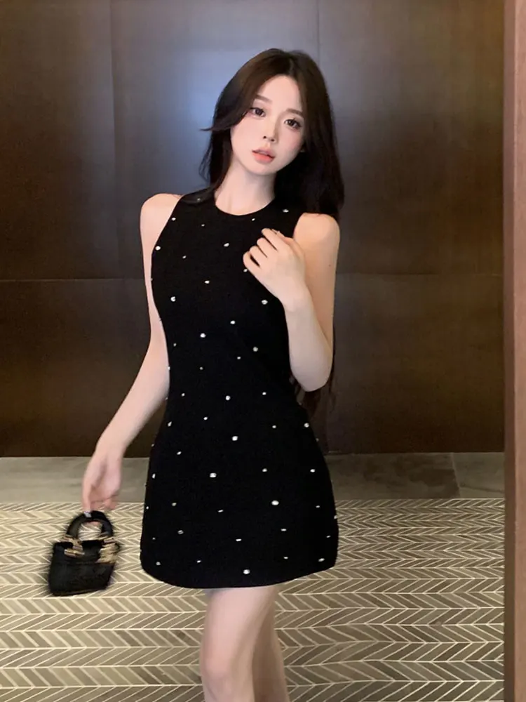 

Sexy Black Mini Dress Vintage Diamonds Beading Sleeveless Backless Dress Sundress Princess Elegant Party Night Club Vestido 2024