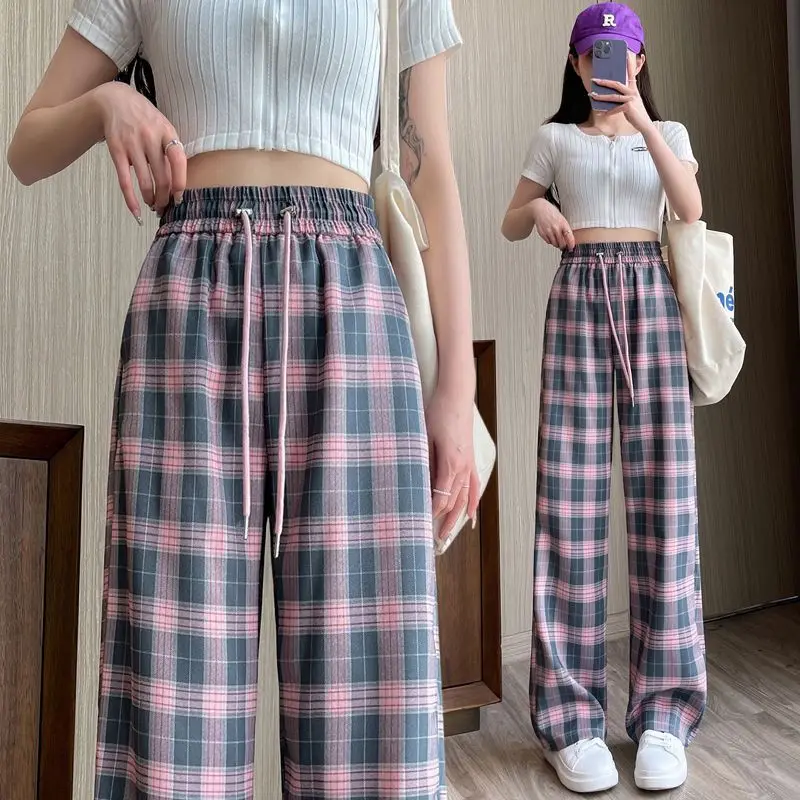 

Women's American Plaid Sweatpants, High Waist, Drape, Loose, Straight, Casual, Mop, Narrow, Wide-leg, Joggers, New, Summer, Y2k