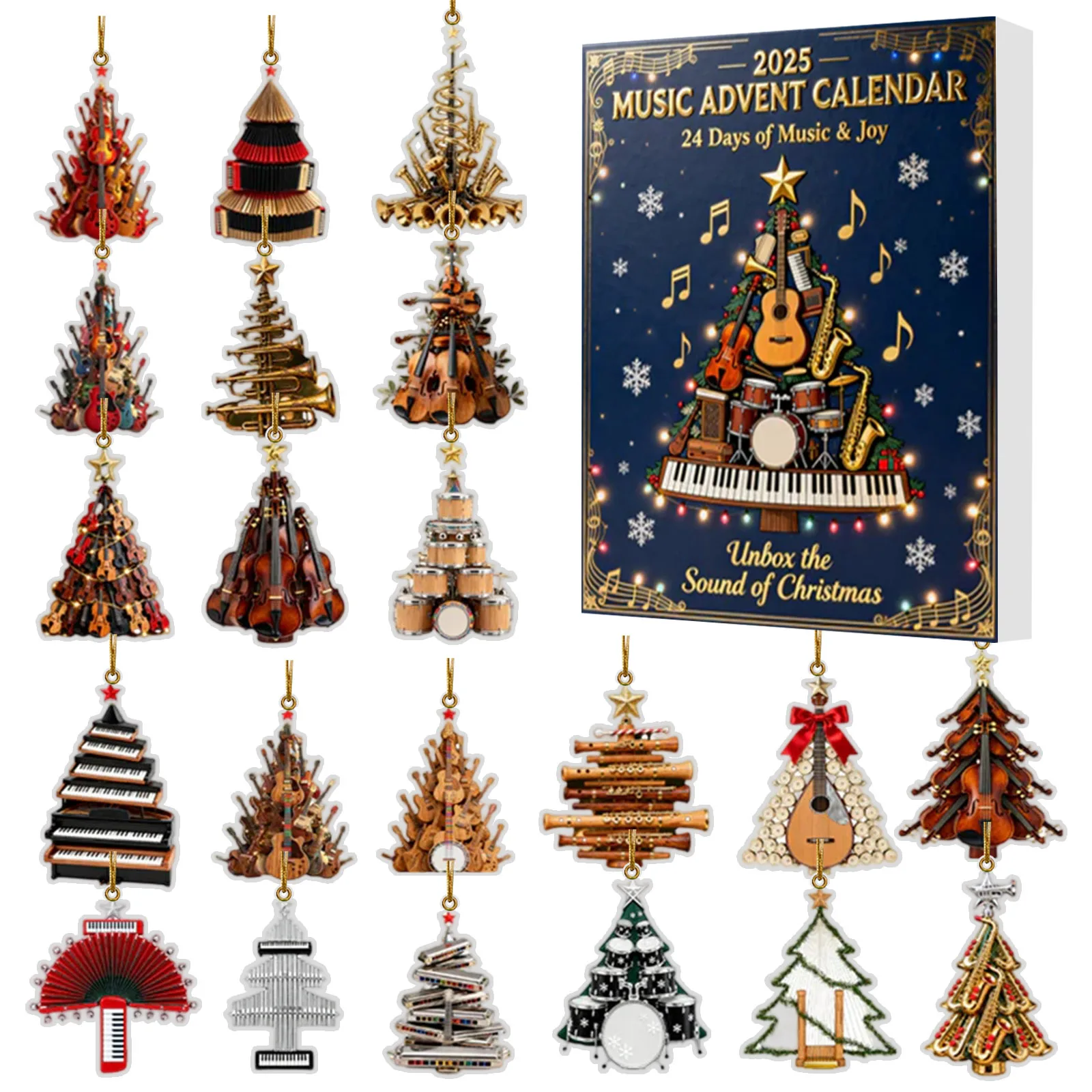 24 Miniatures D'Instruments De Musique - Ornements Dorés Pour Sapin De Noël, Décoration Festive Ou Cadeau